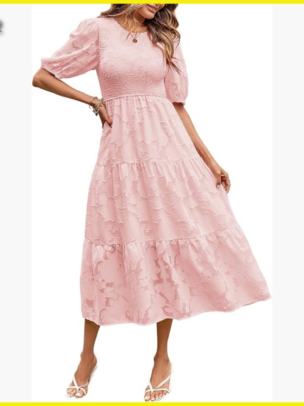 Summer Puff Sleeve Smocked Floral Dress Elegant Midi Tiered A-Line